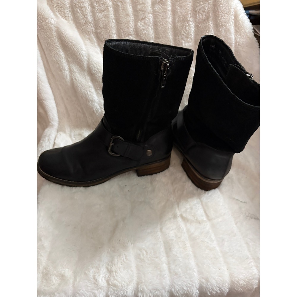 Clarks Womens Black Leather Suede Moto Boots Mid Calf Buckle Zip 66575 Size 9M - Picture 2 of 9